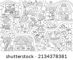 Farm black and white village map. Country life outline background. Vector rural area scene with animals, farmers, barn, tractor. Countryside plan or coloring page with field, pasture, cottage, garden
