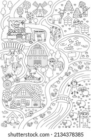 Farm black and white village map. Country life outline background. Vector rural area scene with animals, children, barn, tractor. Countryside plan or coloring page with field, pasture, cottage