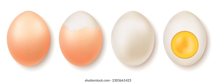Farm boiled egg realistic set of in shell and peeled whole and sliced isolated vector illustration