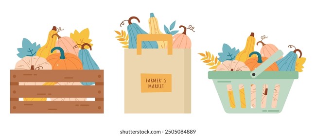 Farm box, basket and bag with autumn pumpkins