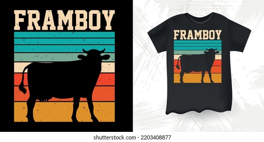 Farm Boy Funny Farm Farmer Cow Lover Retro Sunset Vintage Cow T-shirt Design