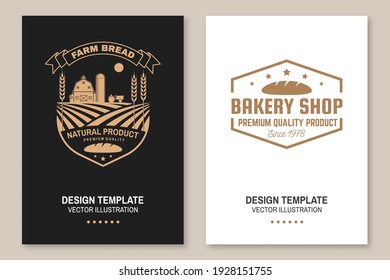 Farm bread, bakery shop flyer, brochure, banner, poster. Vector. Typography design with farm, ears of wheat silhouette. Template for bakery, restaurant identity objects packaging and menu