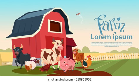 Farm Breeding Animals Farmland Background Flat Vector Illustration