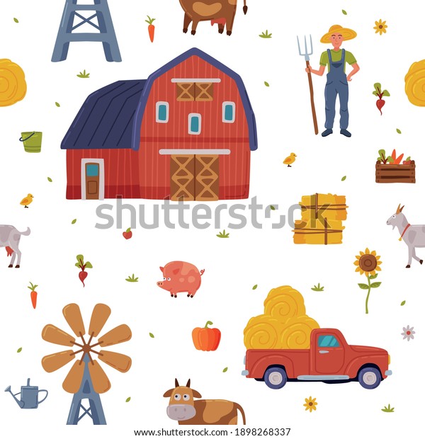 Farm Building and Agricultural\
Objects Seamless Pattern, Agriculture, Gardening and Farming\
Background, Textile, Packaging, Wallpaper Design Vector\
Illustration