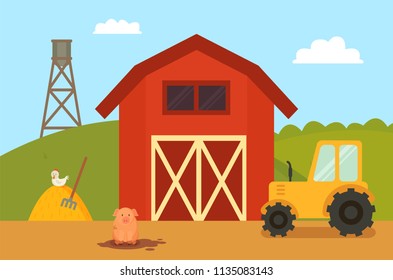 Farm Building With Animals. Ranch With Tractor, Hen On Hay And Pig In Dirt. Swine And Chicken, Bowery And Natural Landscape Set Vector Illustration