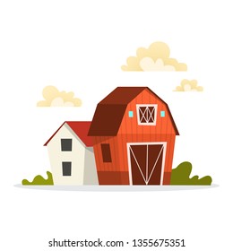 Farm building. Barn and house on the countryside. Wooden storage. Rural life. Vector illustration in cartoon style