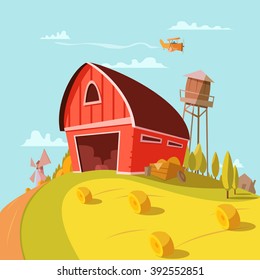 Farm building cartoon background with fields grain and hay vector illustration 