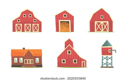 Farm Building and Construction with Timbered Red Barn and Water Tower Vector Set