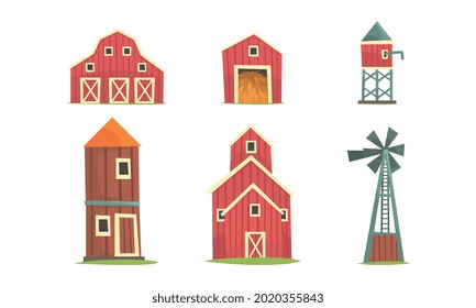 Farm Building and Construction with Timbered Red Barn and Water Tower Vector Set