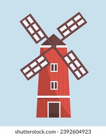 Farm building element concept. Red wind mill. Farming and agriculture. Village and countryside. Clean electricity and power. Cartoon flat vector illustration isolated on lue background