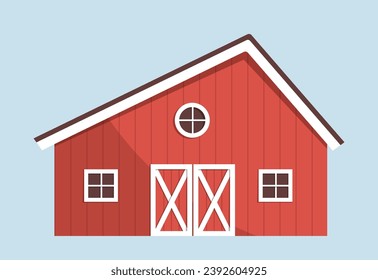 Farm building element concept. Red barn or home. Farming and agriculture. Rural village and countryside. Poster or banner. Cartoon flat vector illustration isolated on lue background