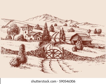 Farm building and entrance gate. Fields around hand drawn