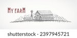 Farm building, rural landscape, drawing in engraving style. Vector illustration.