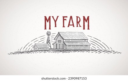 Farm building, rural landscape, drawing in engraving style. Vector illustration. svg