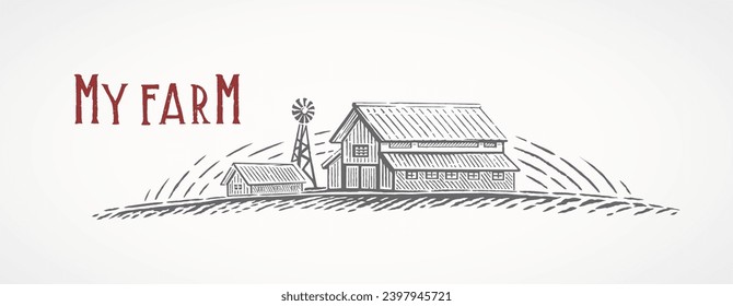 Farm building, rural landscape, drawing in engraving style. Vector illustration. svg