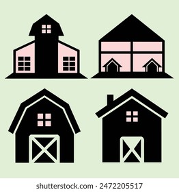 Bauernhof Vektorillustration Set. Cartoon Flache Vorderansicht der Dorfbauernhäuser Kollektion mit Heusilo Red Barn, Industrieturm, Hühnerstall, Windmühlen-Gewächshaus isoliert auf Weiß