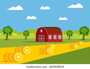 Farm building vector.Vector illustration of a barn and haystacks