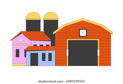 Farm buildings 2D cartoon object. Agricultural architecture. Farming husbandry structure isolated flat vector element white background. Facility of agricultural business color spot illustration