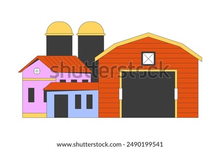 Farm buildings 2D cartoon object. Agricultural architecture. Farming husbandry structure isolated flat vector element white background. Facility of agricultural business color spot illustration