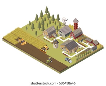 Farm buildings agricultucal vehicles and cultivated fields garden beds and trees tracks and fence isometric vector illustration 