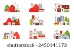 Farm buildings of agricultural complex set. Rural houses of modern village collection, factory warehouse for wheat harvest storage and distribution, barn and air turbines cartoon vector illustration