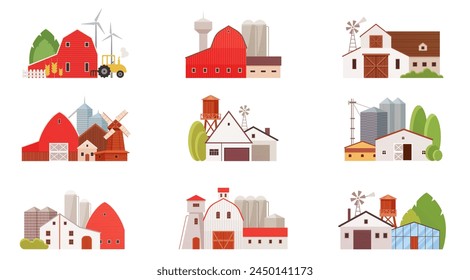 Farm buildings of agricultural complex set. Rural houses of modern village collection, factory warehouse for wheat harvest storage and distribution, barn and air turbines cartoon vector illustration