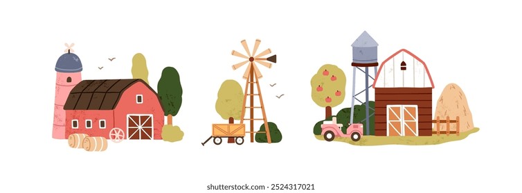 Edificios de la granja, granero, casa de campo, molino de viento, hangar conjunto. Granero rural con pacas de heno, torre de silo y cobertizo. Country estructuras de agricultura. Ilustración vectorial plana aislada sobre fondo blanco