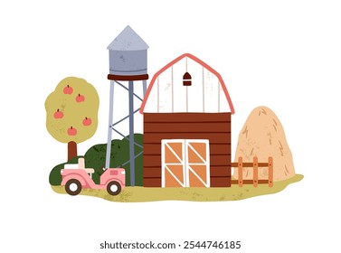 Edificios agrícolas, cobertizo de granero y torre rural. Construcción de campo, equipamiento de granero. Hangar de Country, hogar al aire libre, ganadería, heno. Ilustración vectorial plana aislada sobre fondo blanco