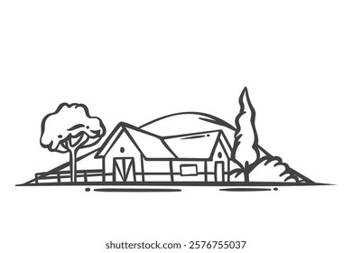 Farm buildings by hill line icon. Outline hand drawn countryside scene with village architecture, fence and trees in yard of farmers house. Farmhouse, barn mascot, henhouse icon vector illustration