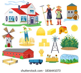 Farm buildings and constructions flat infographic vector elements set. Icons of farmer house, barn, windmill, watermill and greenhouse, tower. Agriculture farming and countryside life objects.