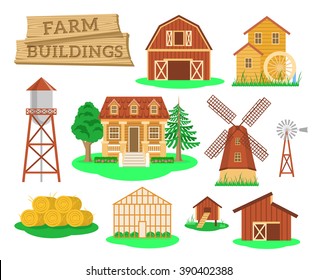 Construcciones y construcciones de plantas de vectores infográficos planos. Iconos de la casa de labranza, granero, molino de viento, molino de agua, invernadero, torre, etc. Industria agrícola y objetos de vida en el campo