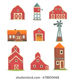 Farm buildings and constructions set, countryside life and agriculture industry objects vector Illustrations