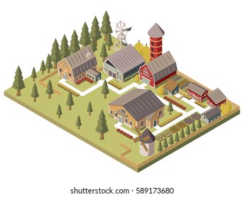 Farm Buildings Design With Windmill Barn And Silo Sheds Hay Garden Beds And Trees Isometric Vector Illustration 