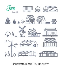 Farm buildings and elements icons set. Various rural houses, greenhouses and wooden buildings. Outline style vector illustration on white background.