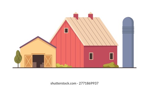 Farm buildings exterior with greenery. Vector bunkhouse for accommodations of farmworkers. Tall, cylindrical structure for storing silage, grain or feed. Barn for farming equipment and tools
