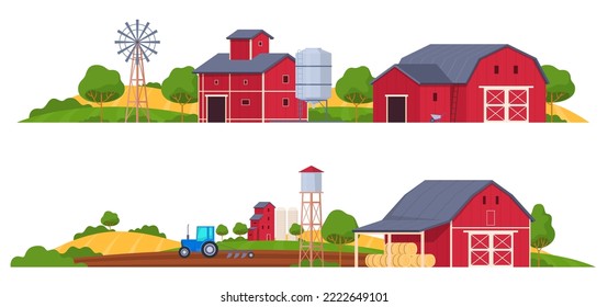 Farm buildings. A farmer dwelling, a barn for animals, a hangar for storing crops. Vector illustration