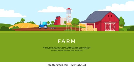 Farm buildings. A farmer dwelling, a barn for animals, a hangar for storing crops. Vector illustration