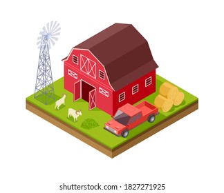 Farm buildings. Isometric truck livestock windmill. Red rural house, 3d farming vector illustration