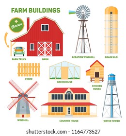 Farm buildings set. Cartoon images of barn, windmill, grain silo, greenhouse and water tower. Vector illustration