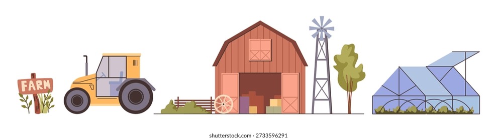 Farm buildings and transport set. Vector isolated wooden sign with inscription farm, tractor and glass greenhouse, hay barn with windmill. Crop and organic farming. Essential farmland structures