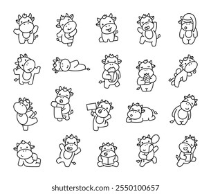 Farm bull set and collection of adorable characters dancing, eating, sleeping, smiling, playing, reading, holding, running, jumping, and enjoying various activities with cute expressions