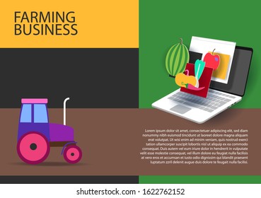 Farm business banner with icons of vegetables and a tractor. Vector banner