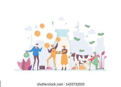 Farm Business Vector Illustration Concept Showing farmer family received money from selling farm goods to businessman, Suitable for landing page, ui, web, App intro card, editorial, flyer, and banner.