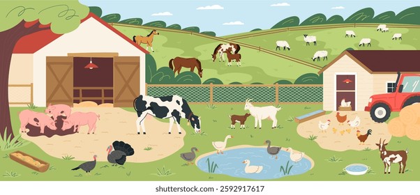 Farm is bustling with activity as cows graze, pigs play, and chickens peck the ground. A tractor sits nearby while goats and ducks enjoy the sunny afternoon in the green landscape