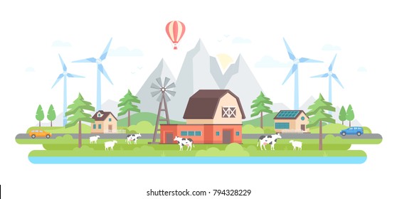 Farm by the mountains - modern flat design style vector illustration on white background. Eco-friendly village with small buildings, trees, windmills, pond, cows, sheep, cars on the road, a balloon