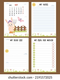 Farm calendar for May 2023 with cute rabbit gardener with pitchfork, wooden fence and butterfly. Vector set. Vertical a4 template planner, to-do list, my plan and notes. Week from Monday, in English