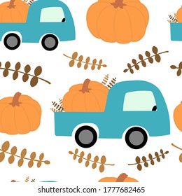 Farm car with yellow pumpkin and leaves seamless pattern. Happy harvest blessings. Farmers market poster backfround. Fabric children design
