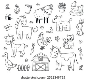 Farm cartoon animals, doodle elements collection for coloring pages, prints, cards, posters, social media decor, etc. EPS 10