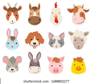 farm cartoon animals faces collection on white. vector illustration