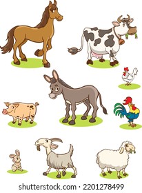 Farm cartoon animals group. Vector illustration of funny happy animals.